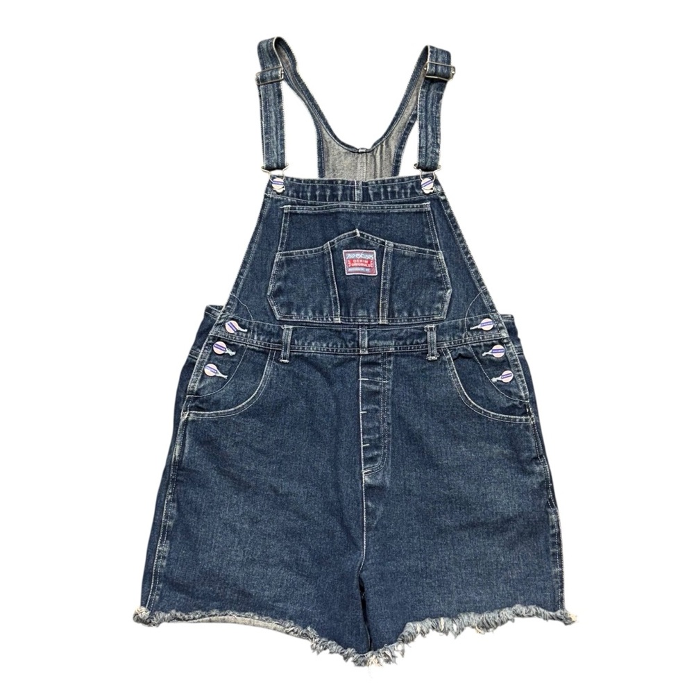 VTG 90's No Excuses Bib Overalls Shorts‎ Womens Large Blue Denim Shortalls Y2K